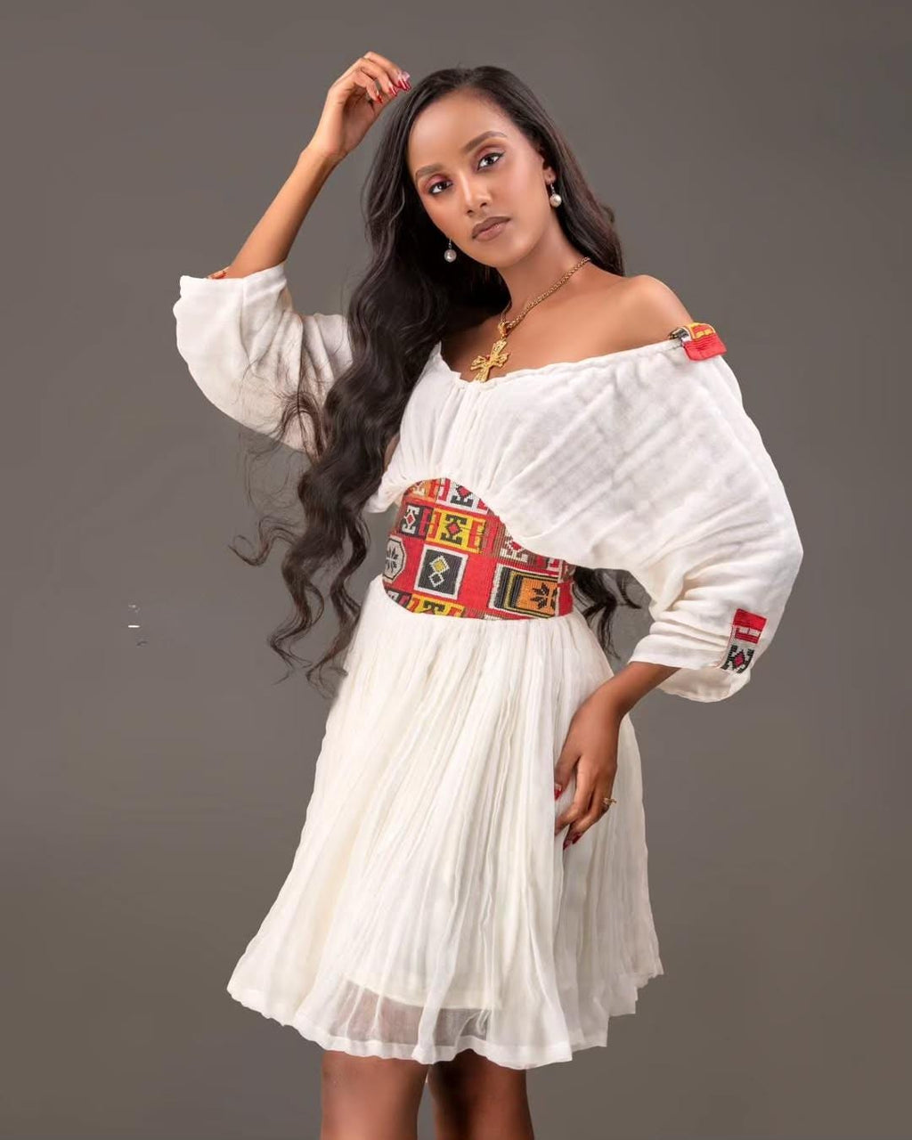 Red Tilet Short Habesha Dress for Women, New Lightweight Summer Ethiopian Dress, Modern Eritrean Handwoven Kemis