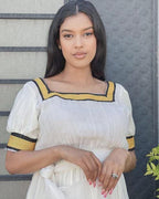 Simple Habesha Kemis, New Lightweight Yellow Ethiopian Dress with Black Embroidery, Handwoven Eritrean Cultural Attire for Women