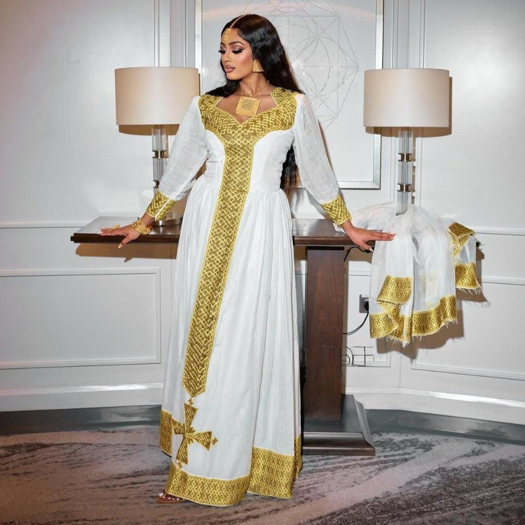 Habesha Kemis, Eritrean Cultural Clothing, Handmade Saba Design, New Ethiopian Traditional Gift Attire, Ethiopian Gold Zuria Dress for Women