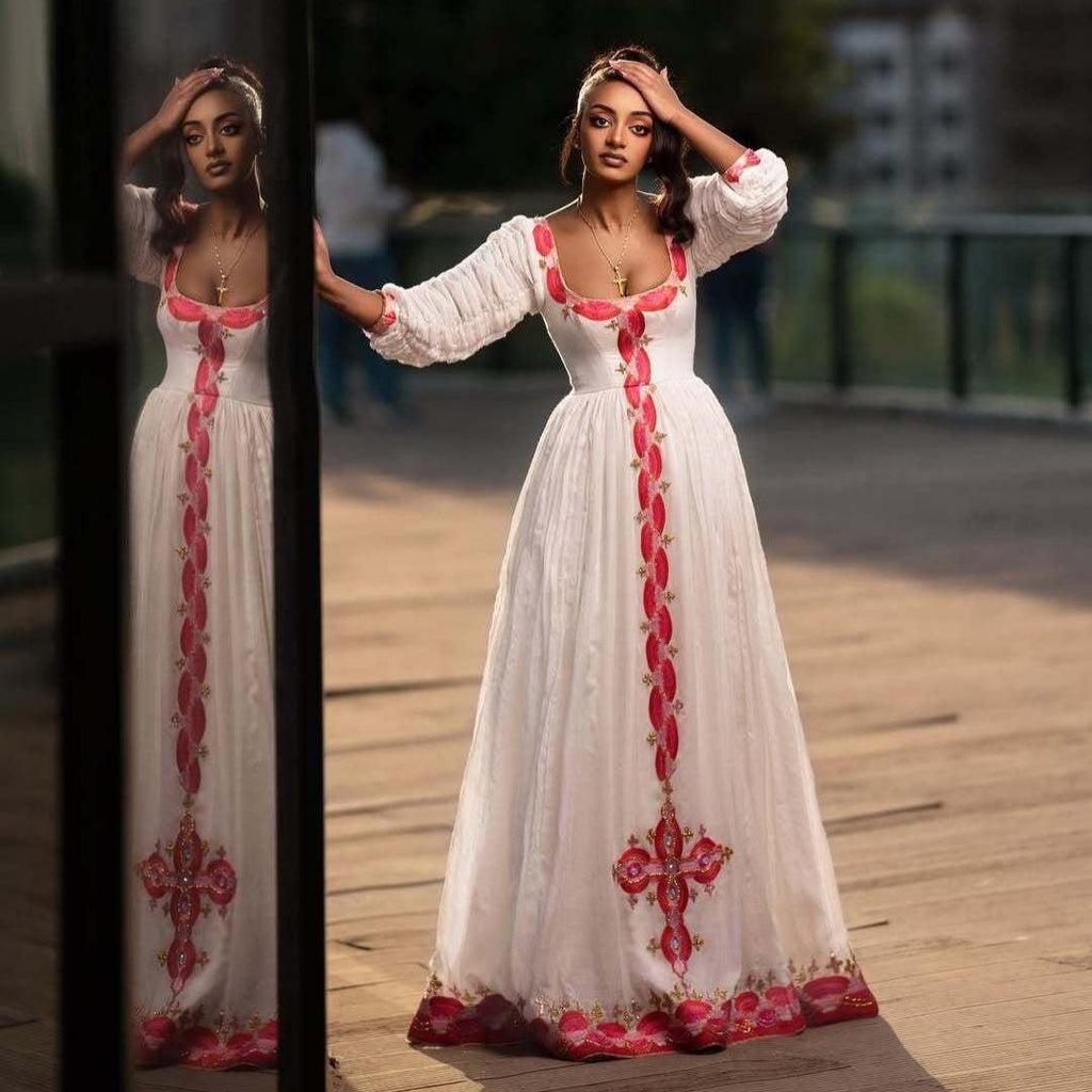 Handmade Pink Ethiopian Dress: Modern Zuria Habesha Kemis, Elegant Cultural Attire, Luxury Holiday Women’s Outfit, Traditional Wedding Wear