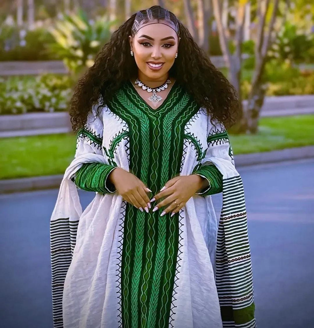 New Green Habesha Kemis: Tibeb Dress, Eritrean Custom-Made Women’s Traditional Clothing for Weddings, Ethiopian Cultural Dress, Habesha Lbs