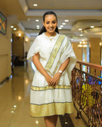 Short Gold Tibeb Habesha Dress for Women, Simple Modern Ethiopian Kemis, Traditional Handwoven Cultural Cotton Fabric