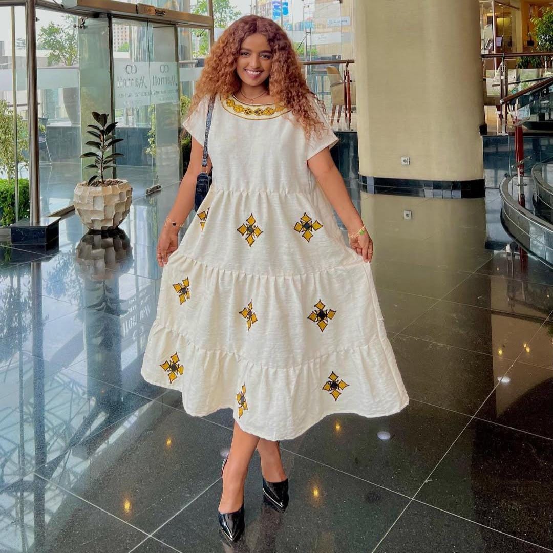 Simple Habesha Dress: Modern Short Ethiopian & Eritrean Kemis, New Lightweight Handmade Cotton Outfit for Women, Cultural Tilf Attire Gift