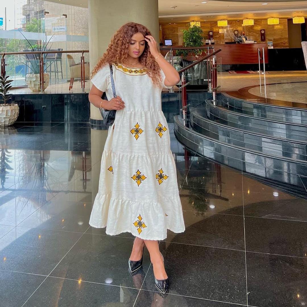 Simple Habesha Dress: Modern Short Ethiopian & Eritrean Kemis, New Lightweight Handmade Cotton Outfit for Women, Cultural Tilf Attire Gift