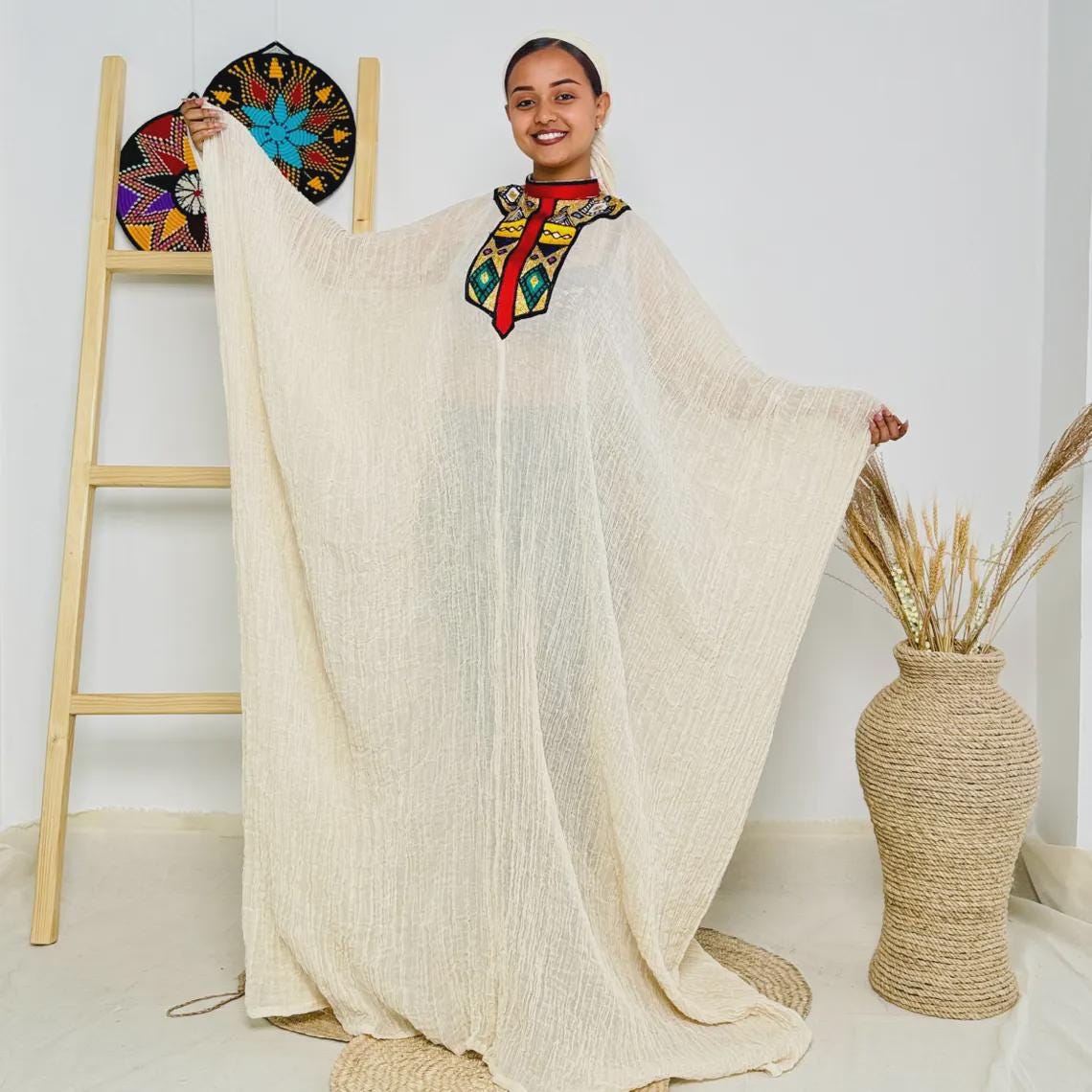 Free-Size Habesha Kemis: Lightweight Red, Gold, Green Ethiopian Traditional Dress, Handcrafted Cultural Attire for Weddings & Celebrations