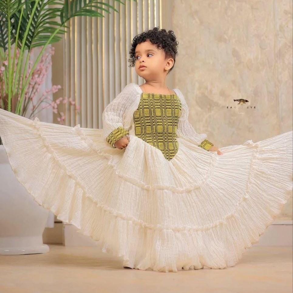 Handmade Fetil Habesha Kids’ Dress: Ethiopian Eritrean Cultural Clothing, Traditional Outfit, Children’s Attire, Family Holiday Fashion