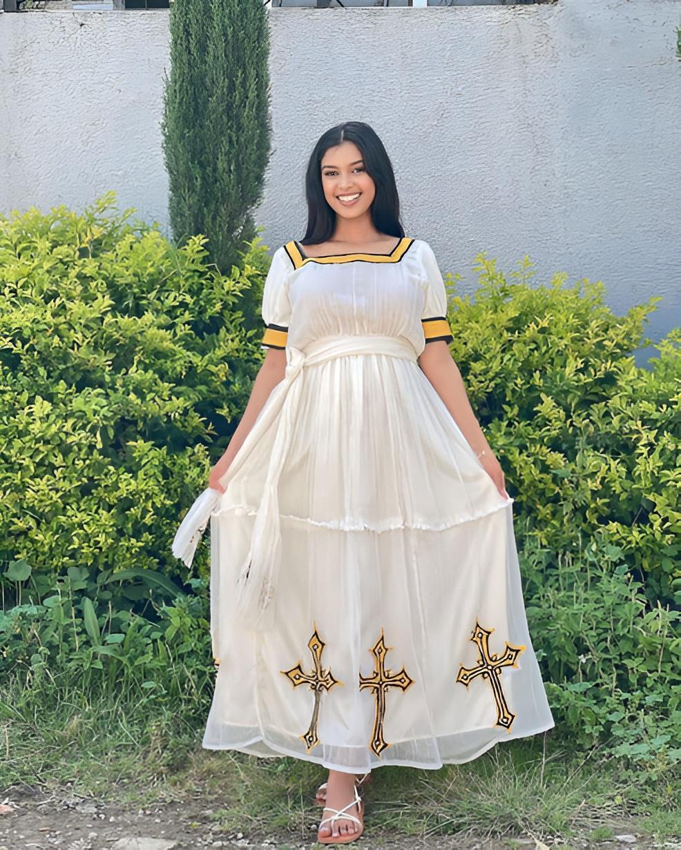 Simple Habesha Kemis, New Lightweight Yellow Ethiopian Dress with Black Embroidery, Handwoven Eritrean Cultural Attire for Women