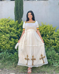 Simple Habesha Kemis, New Lightweight Yellow Ethiopian Dress with Black Embroidery, Handwoven Eritrean Cultural Attire for Women