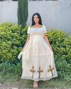 Simple Habesha Kemis, New Lightweight Yellow Ethiopian Dress with Black Embroidery, Handwoven Eritrean Cultural Attire for Women