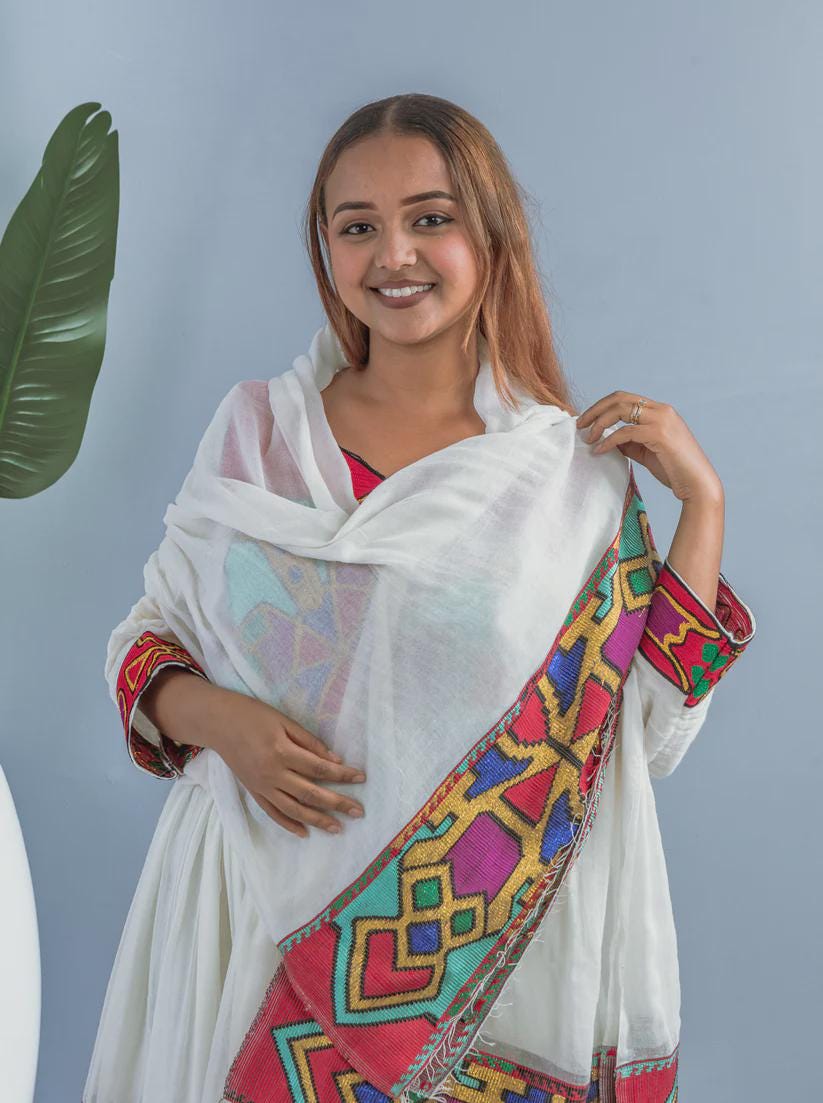 Red Tibeb Ethiopian Dress: Handwoven Cultural Cotton Habesha Kemis, Traditional Zuria Women’s