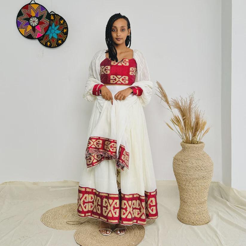 New Red Two-Piece Habesha Dress: Modern Ethiopian Zuria Kemis for Women, Habesha Cultural Outfit