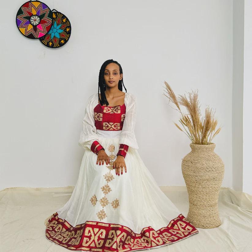 Red Zuria New Red Two-Piece Habesha Dress: Modern Ethiopian Zuria Kemis for Wome ...