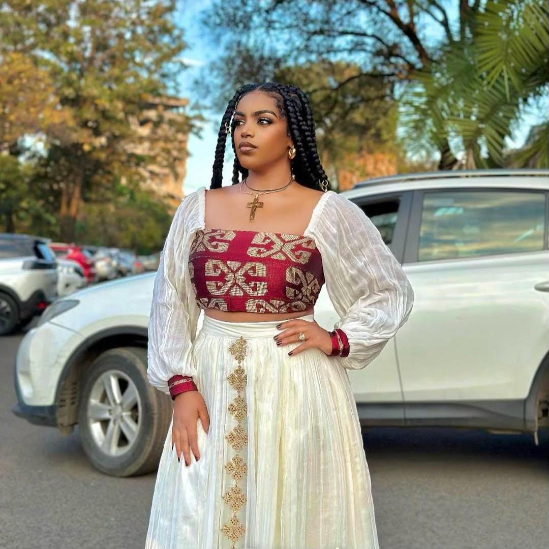 New Red Two-Piece Habesha Dress: Modern Ethiopian Zuria Kemis for Women, Habesha Cultural Outfit