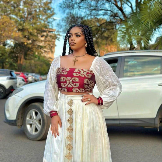 New Red Two-Piece Habesha Dress: Modern Ethiopian Zuria Kemis for Women, Habesha Cultural Outfit