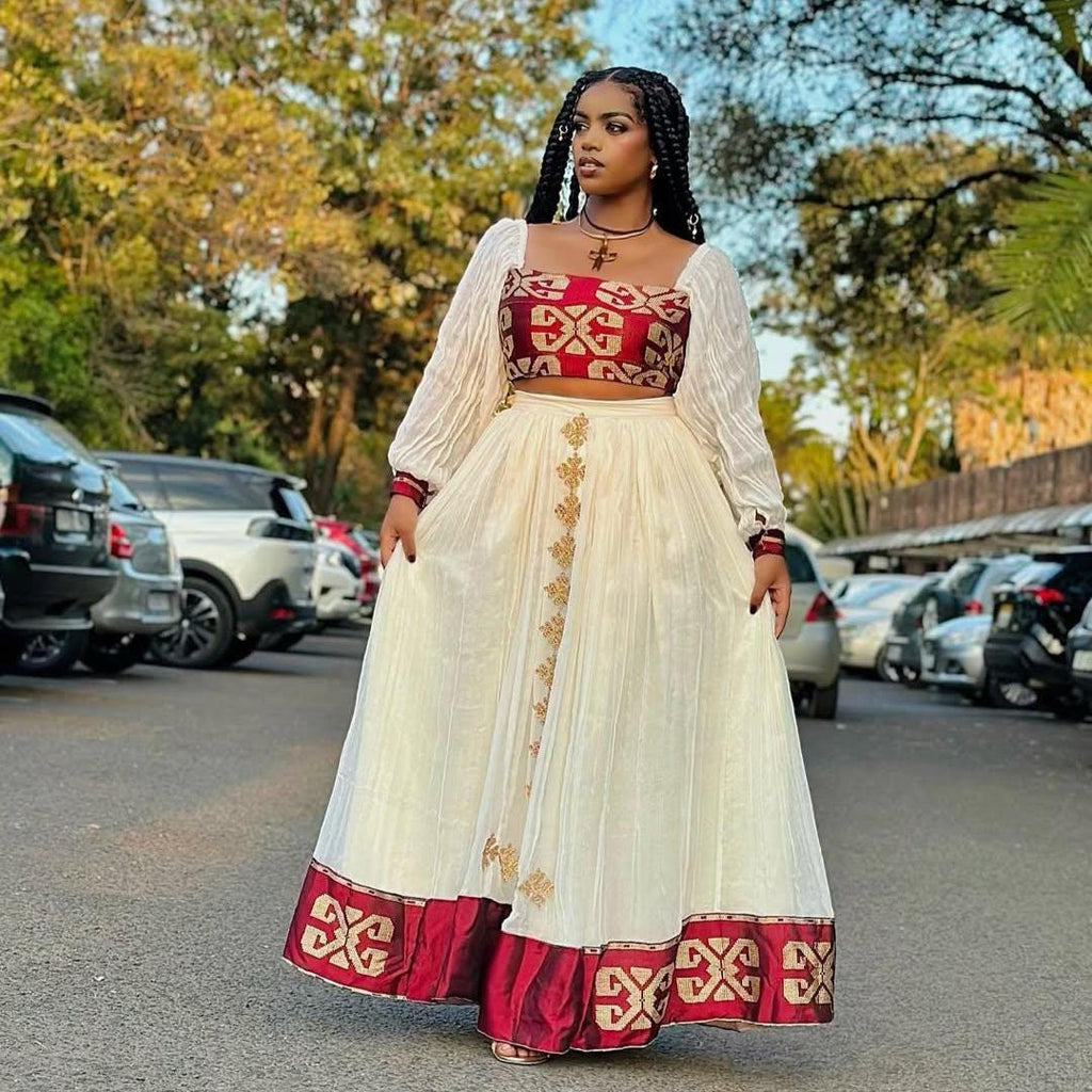 New Red Two-Piece Habesha Dress: Modern Ethiopian Zuria Kemis for Women, Habesha Cultural Outfit