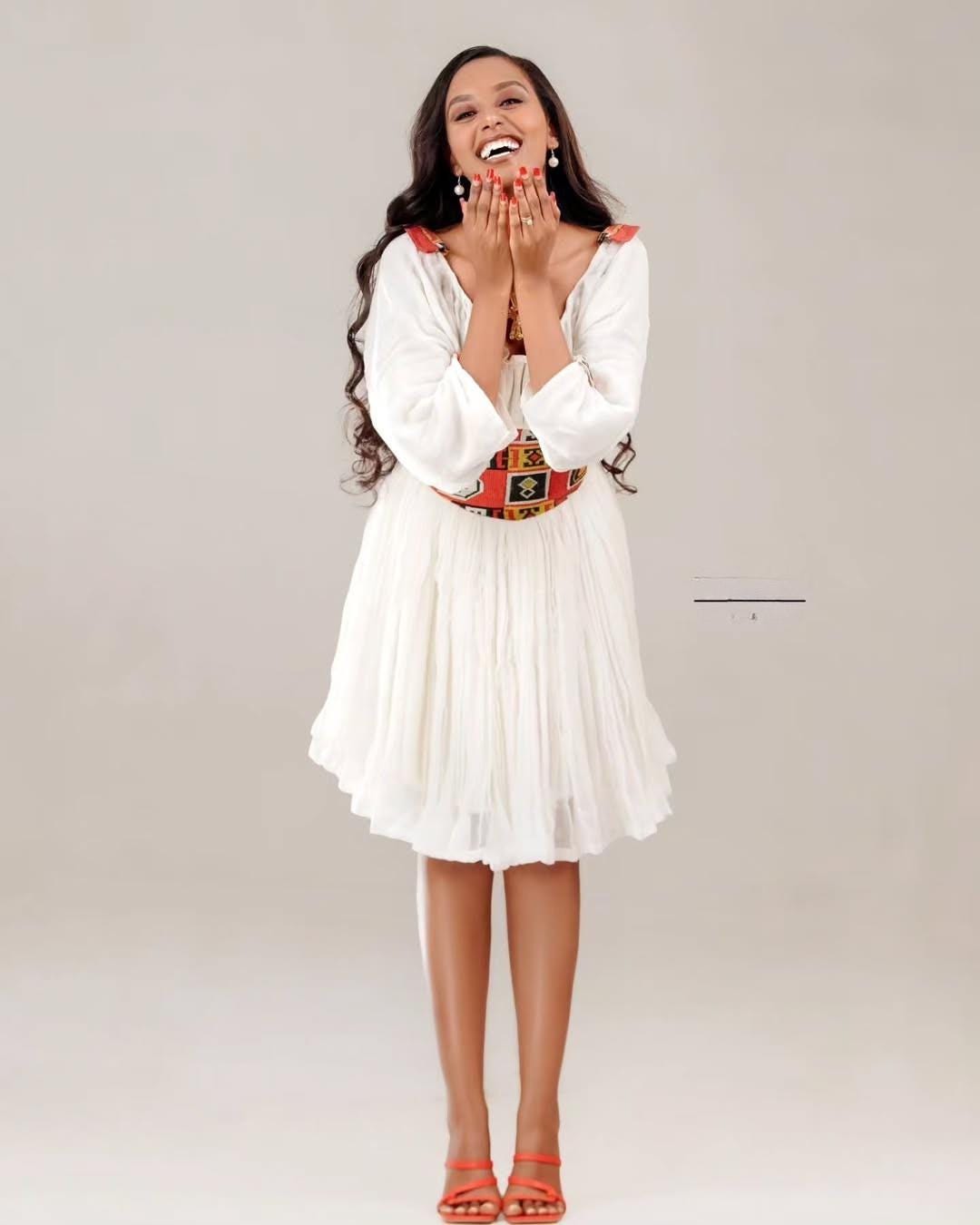 Red Tilet Short Habesha Dress for Women, New Lightweight Summer Ethiopian Dress, Modern Eritrean Handwoven Kemis
