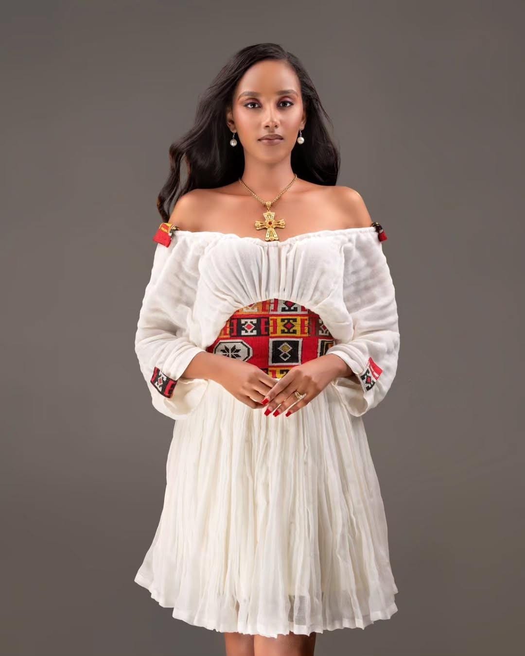 Red Tilet Short Habesha Dress for Women, New Lightweight Summer Ethiopian Dress, Modern Eritrean Handwoven Kemis