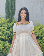 Simple Habesha Kemis, New Lightweight Yellow Ethiopian Dress with Black Embroidery, Handwoven Eritrean Cultural Attire for Women