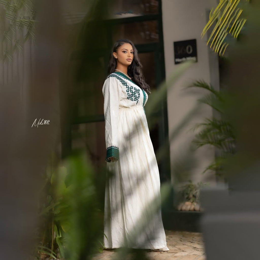 Gondar Habesha Kemis With Green Embroidery, New Ethiopian Cultural Dress, Cotton Handwoven Traditional Attire for Women