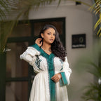 Gondar Habesha Kemis With Green Embroidery, New Ethiopian Cultural Dress, Cotton Handwoven Traditional Attire for Women