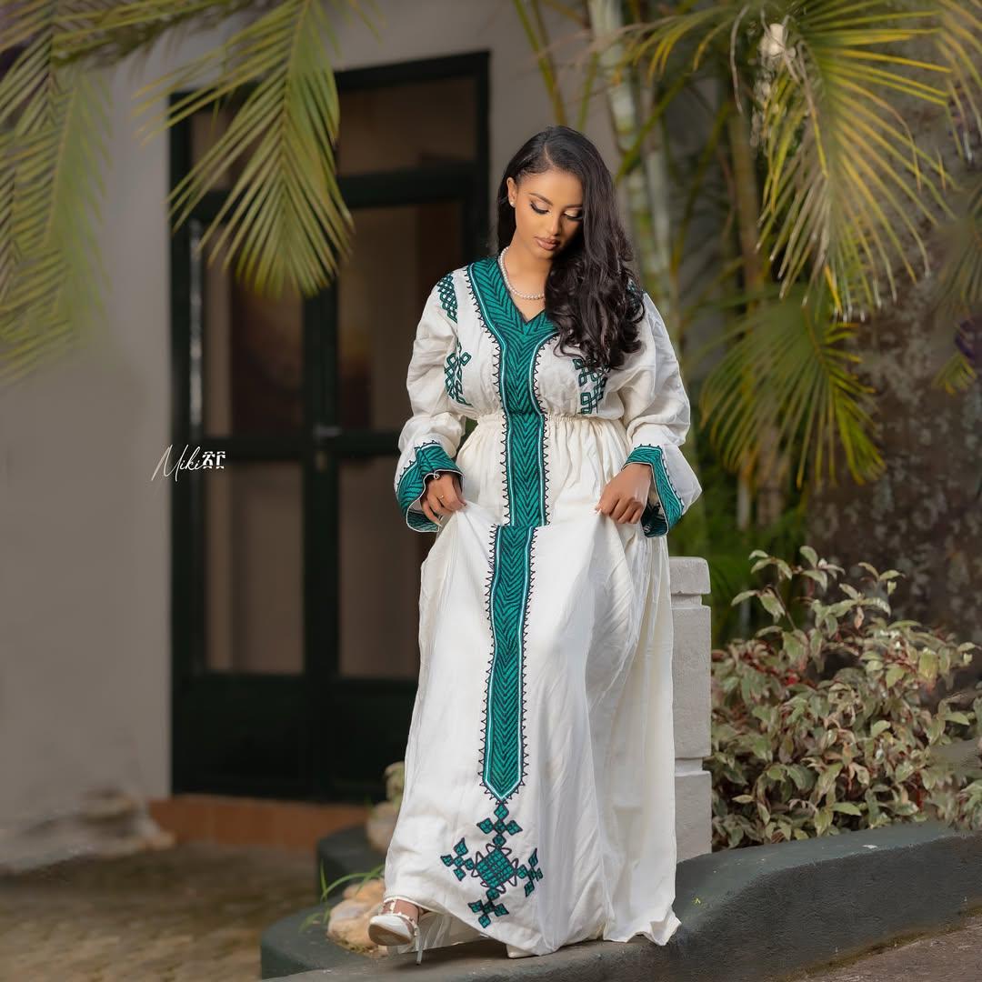 Gondar Habesha Kemis With Green Embroidery, New Ethiopian Cultural Dress, Cotton Handwoven Traditional Attire for Women