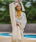 Golden Tilet Neck Ethiopian Dress: Lightweight Traditional Habesha Kemis, Free-Size Handwoven Cultural Outfit for Weddings & Celebrations