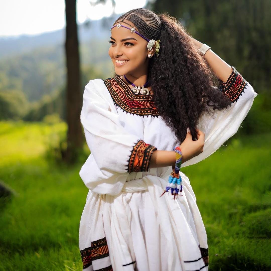 Traditional Ethiopian Raya Bufé Dress: Handmade Habesha Kemis, Soft Fetil Fabric, Elegant Cultural Attire for Weddings & Celebrations Tilet