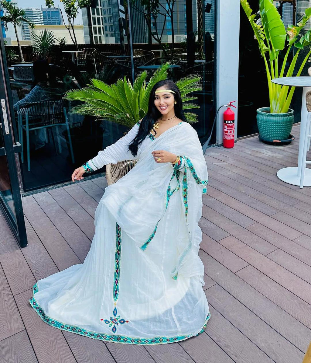 Ethiopian Dress, Handmade Habesha Kemis for Women, Light Blue & Green Embroidery, Tilf Outfit with Custom Sizing