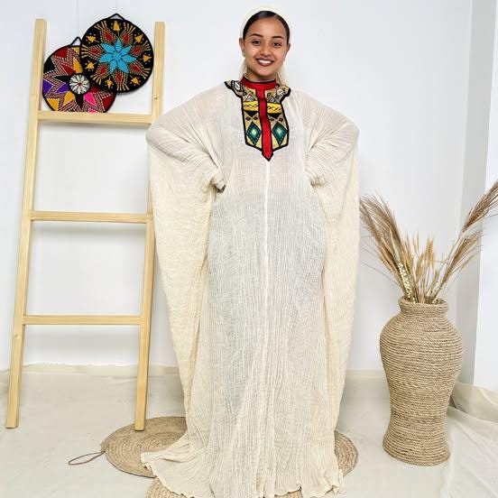 Free-Size Habesha Kemis: Lightweight Red, Gold, Green Ethiopian Traditional Dress, Handcrafted Cultural Attire for Weddings & Celebrations
