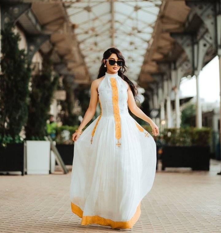 Handwoven Habesha Kemis: New Luxurious Ethiopian & Eritrean Wedding Dress, Traditional Yellow Zuria for Women, Custom Cultural Attire