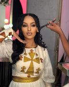 Golden Ethiopian Habesha Dress for Women: Traditional Kemis, Habesha Cultural Clothing