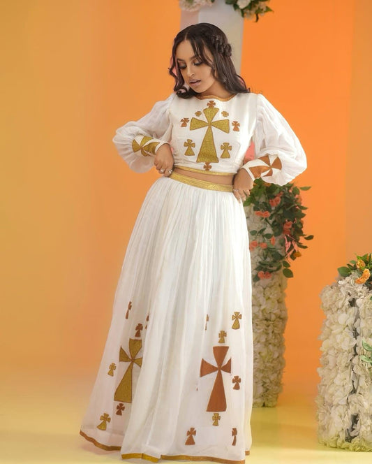 Golden Ethiopian Habesha Dress for Women: Traditional Kemis, Habesha Cultural Clothing