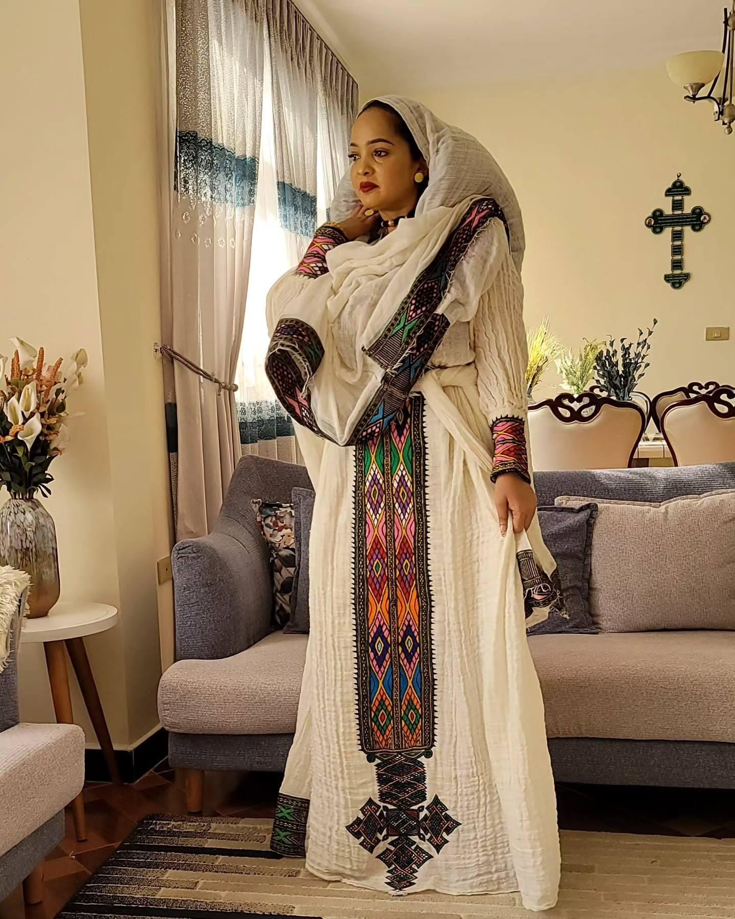 Handmade Axum Women’s Fetil Habesha Dress, Ethiopian and Eritrean Cultural Outfit, Elegant Holiday Celebration Wear, Habesha Gift