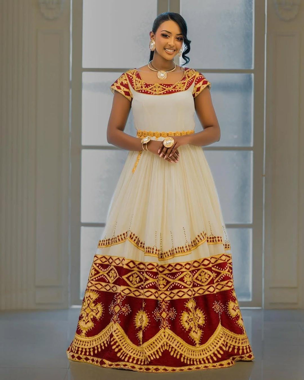 Handwoven Red & Gold Habesha Kemis for Women, New Ethiopian Eritrean Cultural Zuria Dress Gown, Traditional Weddings Attire