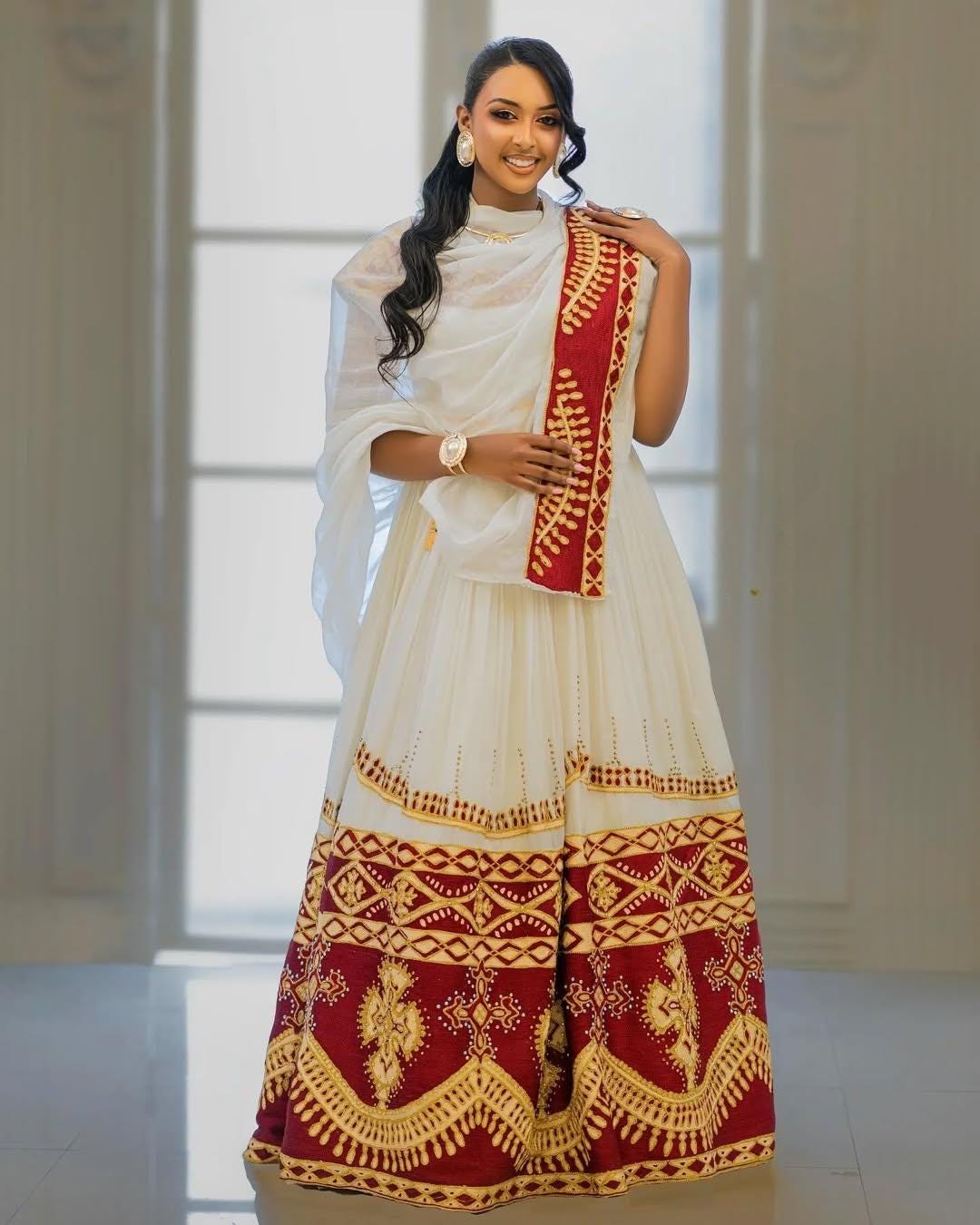 Handwoven Red & Gold Habesha Kemis for Women, New Ethiopian Eritrean Cultural Zuria Dress Gown, Traditional Weddings Attire