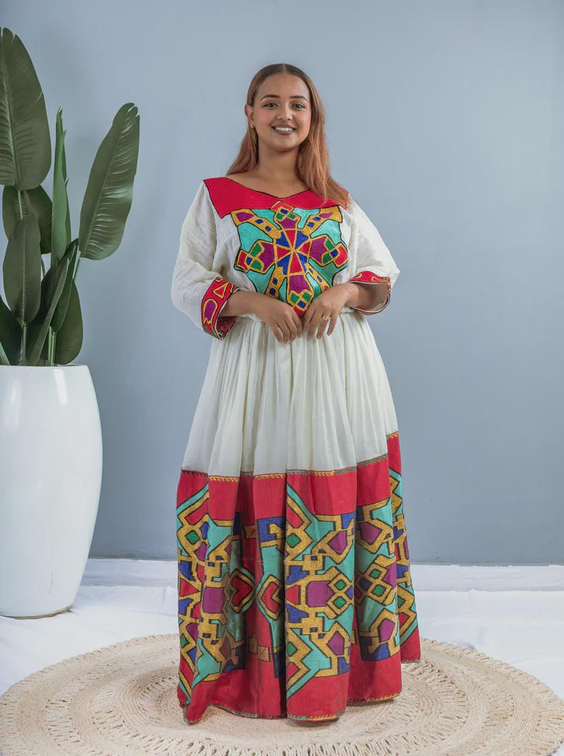 Red Tibeb Ethiopian Dress: Handwoven Cultural Cotton Habesha Kemis, Traditional Zuria Women’s