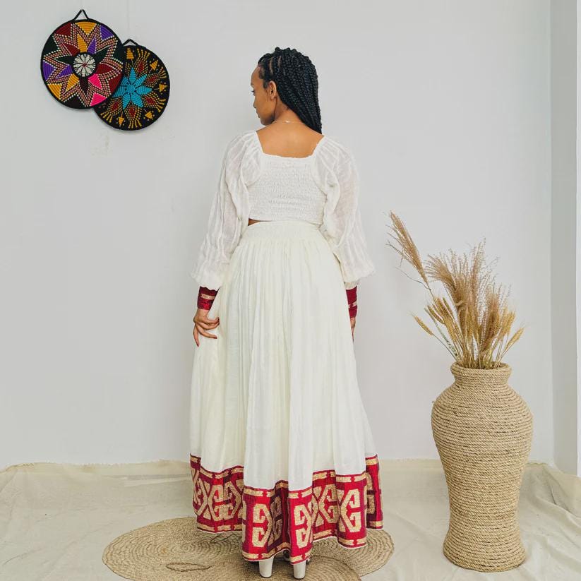 New Red Two-Piece Habesha Dress: Modern Ethiopian Zuria Kemis for Women, Habesha Cultural Outfit