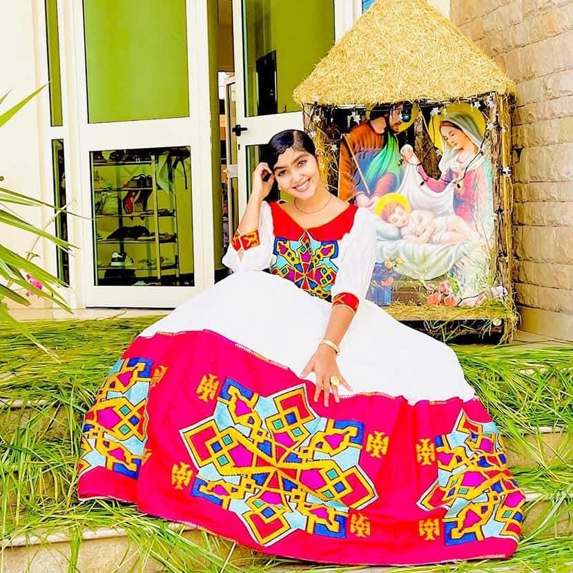 Red Tibeb Ethiopian Dress: Handwoven Cultural Cotton Habesha Kemis, Traditional Zuria Women’s