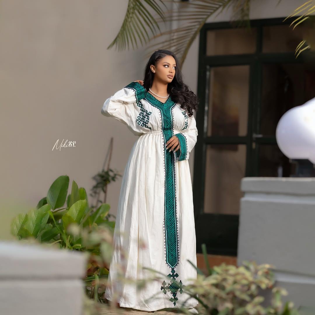 Gondar Habesha Kemis With Green Embroidery, New Ethiopian Cultural Dress, Cotton Handwoven Traditional Attire for Women