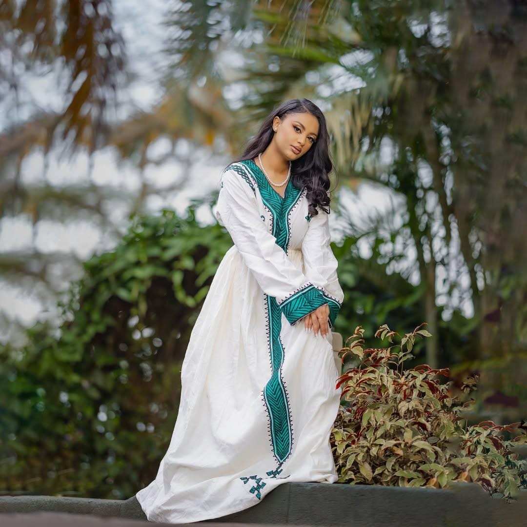 Gondar Habesha Kemis With Green Embroidery, New Ethiopian Cultural Dress, Cotton Handwoven Traditional Attire for Women
