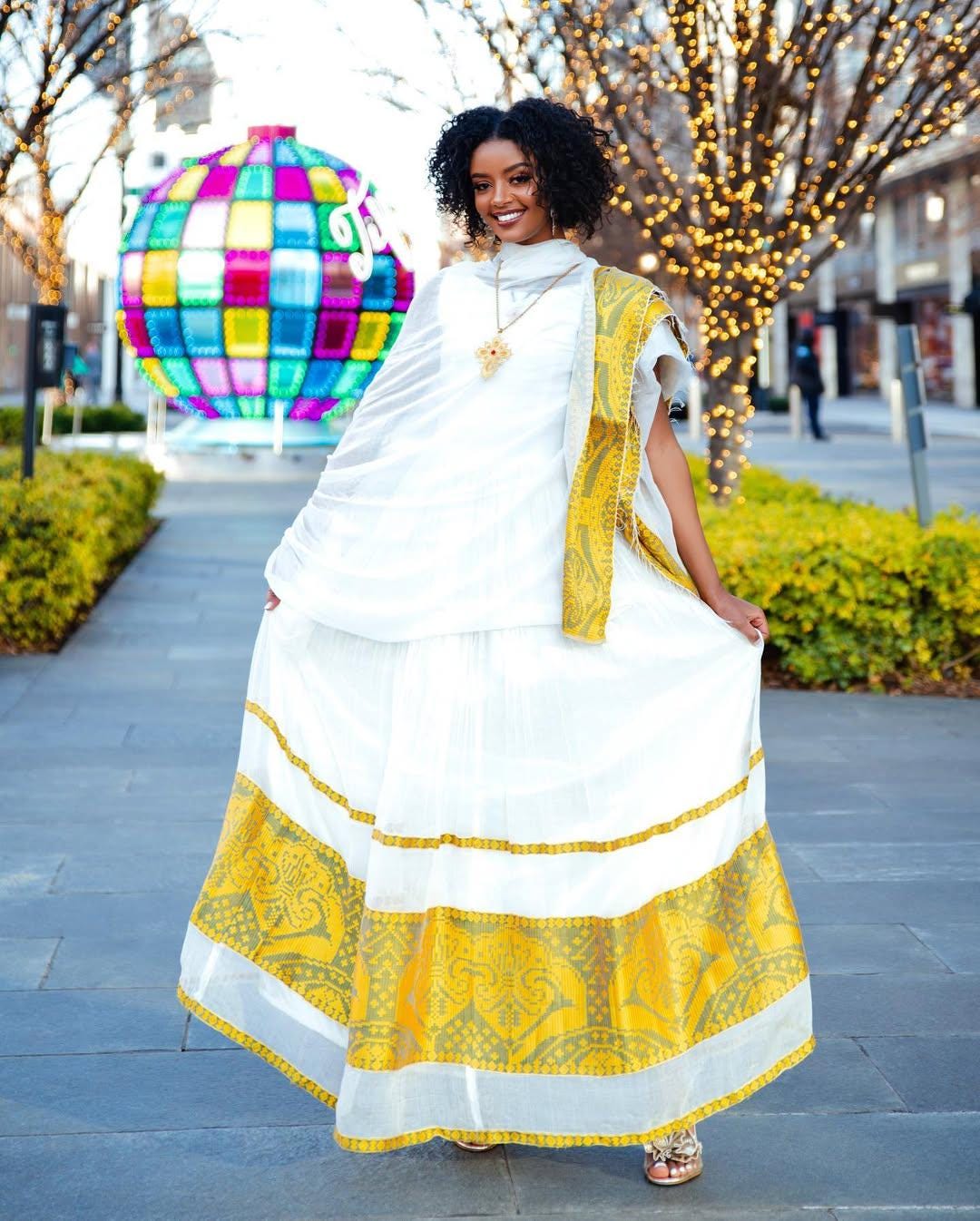 Yellow Zuria Tibeb Habesha Kemis, Ethiopian Cultural Dress, New Tilet Wedding Attire, Handmade Traditional Libs