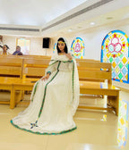 Ethiopian Dress, Handmade Habesha Kemis for Women, Light Blue & Green Embroidery, Tilf Outfit with Custom Sizing