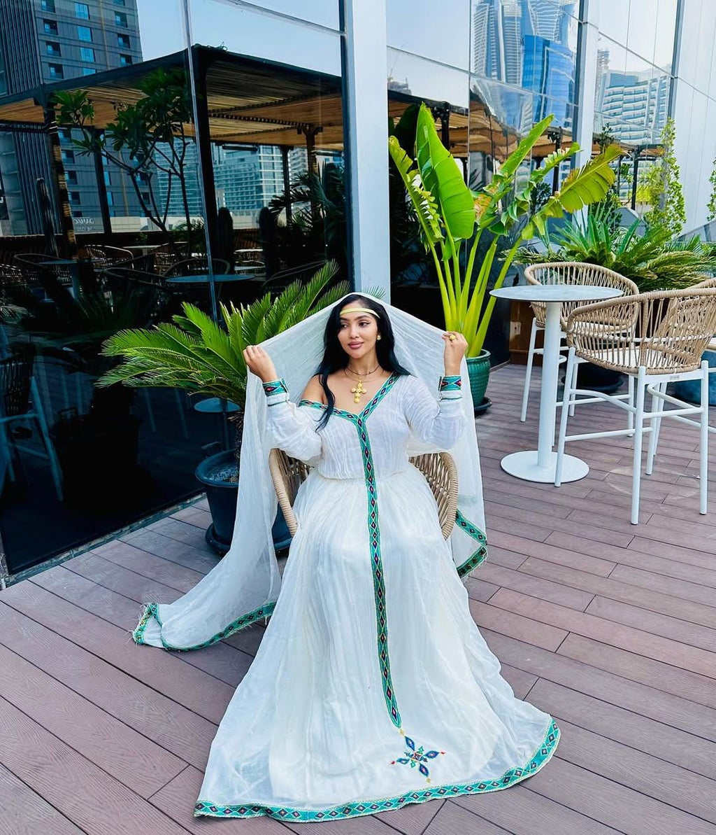 Ethiopian Dress, Handmade Habesha Kemis for Women, Light Blue & Green Embroidery, Tilf Outfit with Custom Sizing