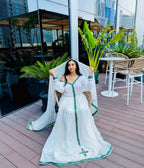 Ethiopian Dress, Handmade Habesha Kemis for Women, Light Blue & Green Embroidery, Tilf Outfit with Custom Sizing