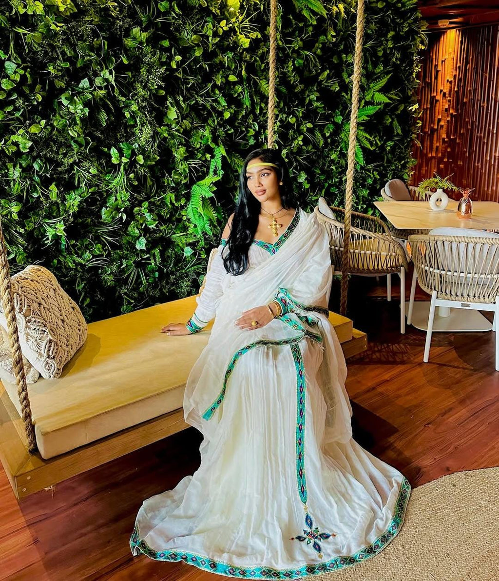 Ethiopian Dress, Handmade Habesha Kemis for Women, Light Blue & Green Embroidery, Tilf Outfit with Custom Sizing