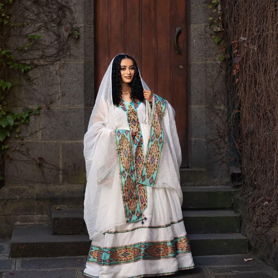 Ethiopian Cultural Tibeb Dress, Zuria Habesha Kemis, New Tilet Wedding Attire, Handmade Traditional Libs