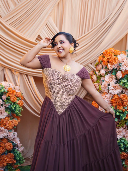 Habesha clothing, New Modern brown  & gold Tilet Eritrean and Ethiopian Traditional Attire, Custom Made Cultural Fashion