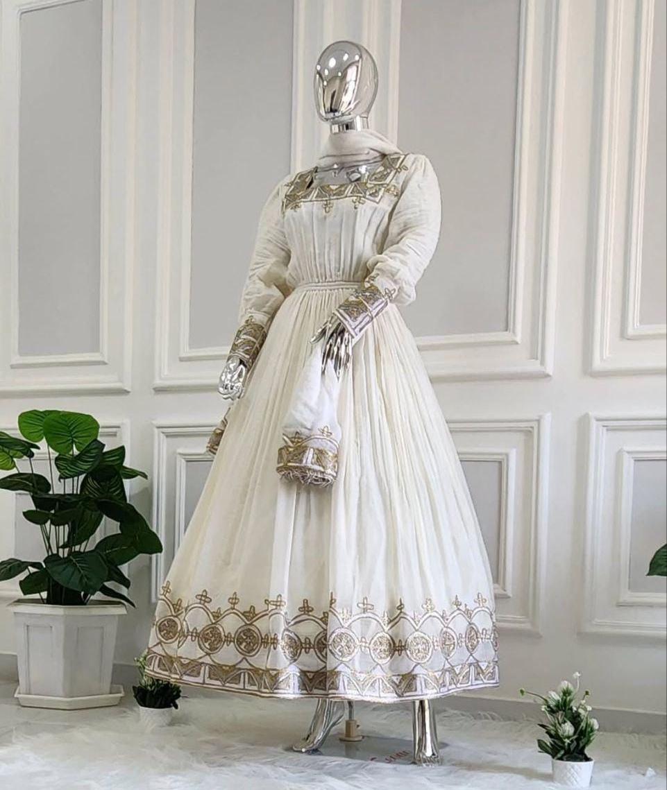 Metalic Embroidered Traditional Ethiopian Women's Dress, Long Sleeve Cultural Habesha Kemis, Habesha Wedding Fashion