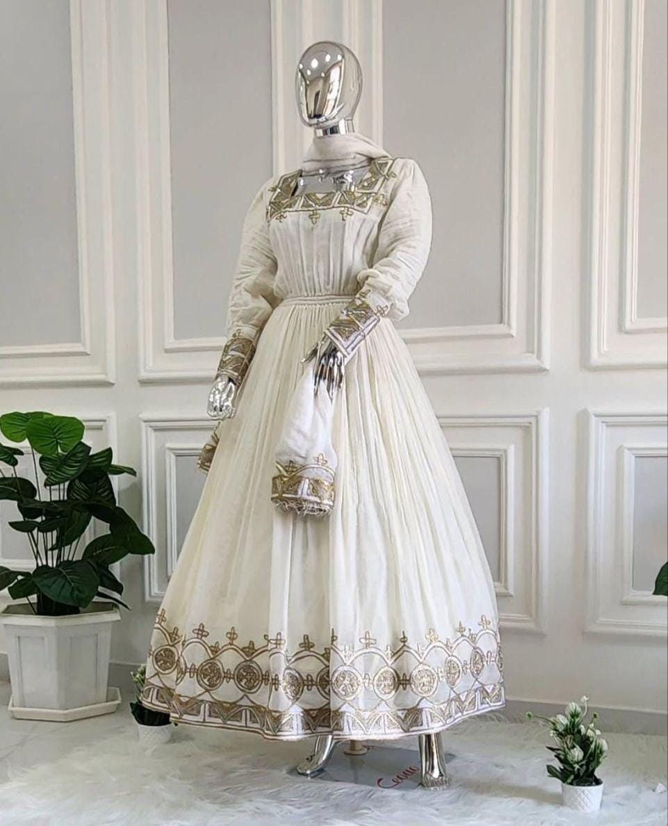 Metalic Embroidered Traditional Ethiopian Women's Dress, Long Sleeve Cultural Habesha Kemis, Habesha Wedding Fashion
