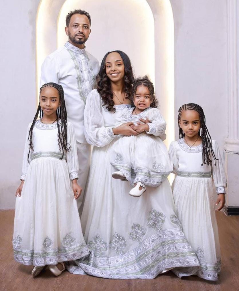 Family Habesha clothing, New white Tilet,  Eritrean and Ethiopian Traditional Wedding Attire, Custom Made Habesha Fashion